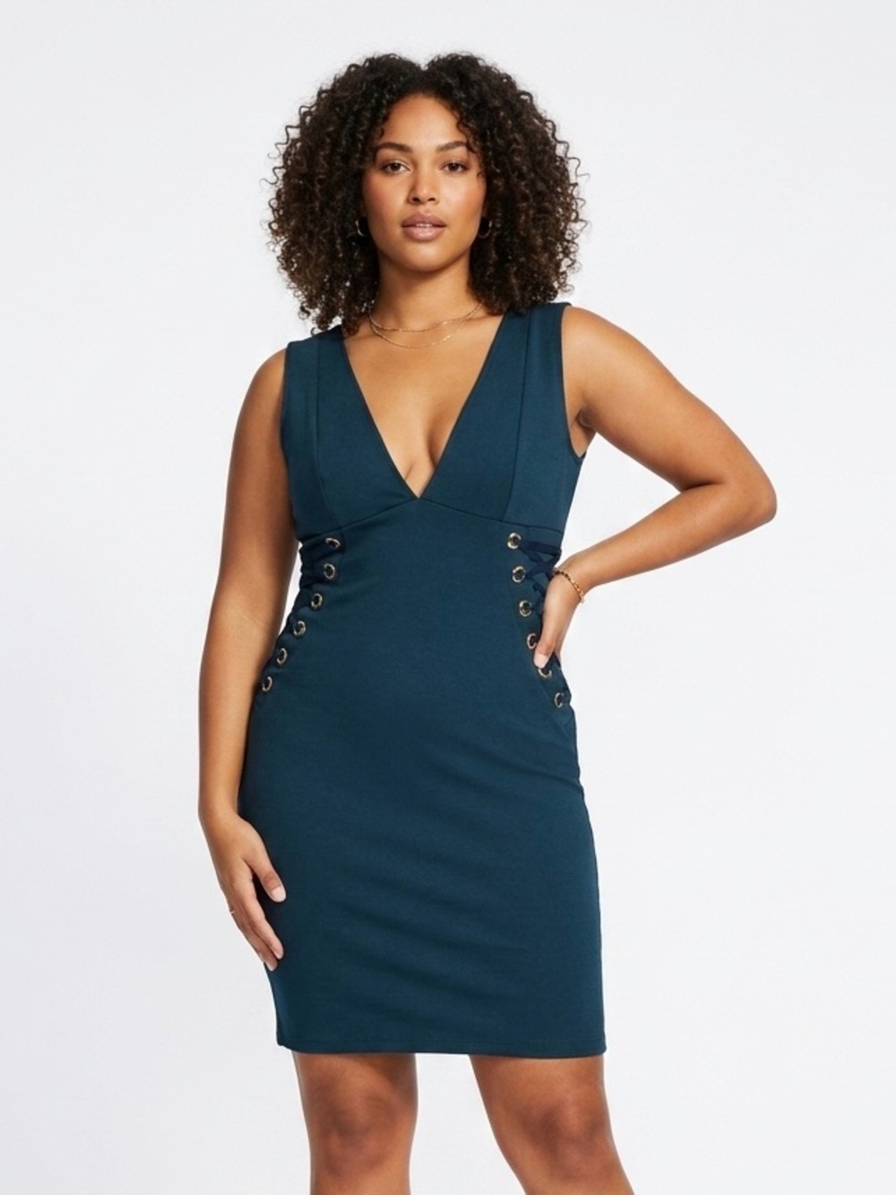 Iris,  Deep Teal V-Neck Lace-Up Sheath Dress - XL